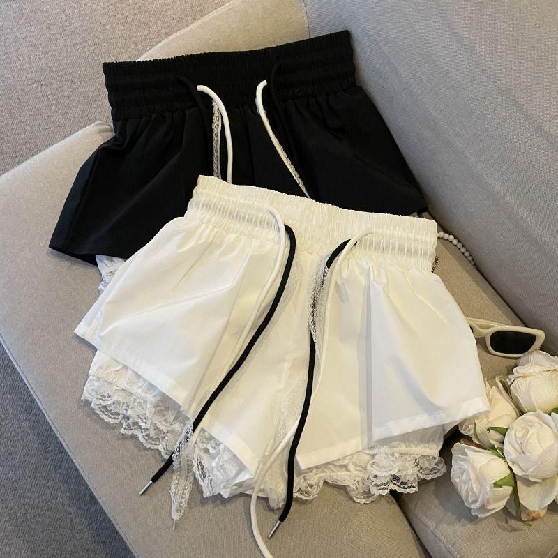 Women's Black Lace Patchwork Wide-Leg, High-Waist Drawstring Shorts