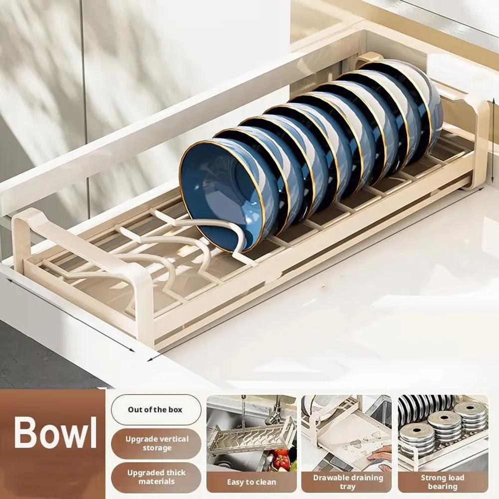 

Carbon Steel Pull Out Dish Rack Built-In Space Saving Dish Storage Rack Expandable Practical Kitchen Drawer Rack Household Use