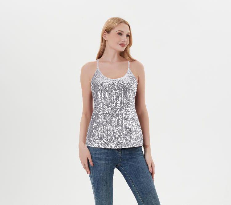 

Women s Sequin Lace-up Party Tank Top - Slim Fit, Versatile Camisole Medium