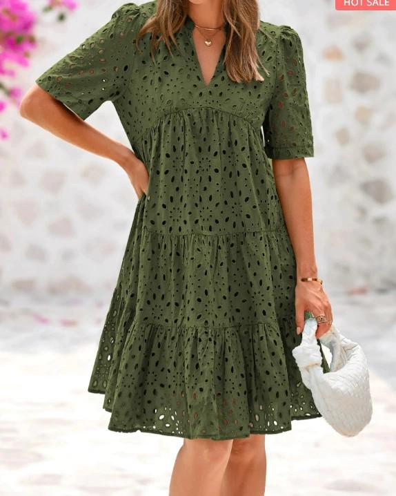 Abito da Spiaggia da Donna con Scollo a V in Pizzo - Manica Corta Gonna a Svasatura per Vacanze