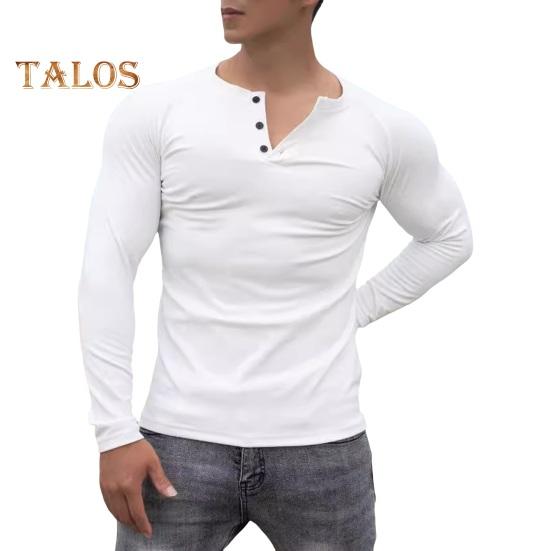 Spring Fall Men Top Buttoned Round Neck Slim Fit Long Sleeves Solid Color Pullover Mid Length Stretchy Sport Jogging T-shirt