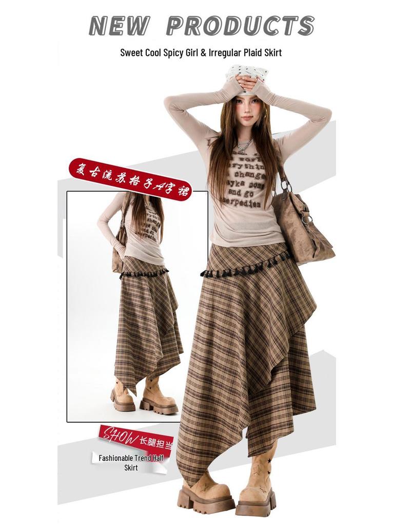 Women's Irregular Plaid Tassel A-line Skirt with Embroidery - High Waist, Slimming Fit, Mid-length for Autumn/Winter