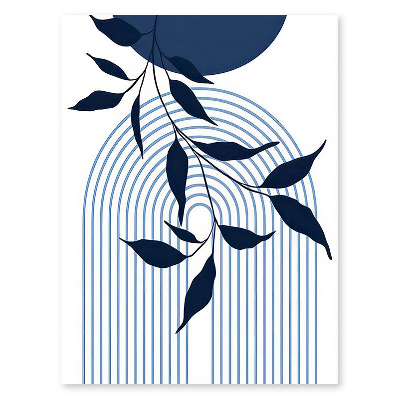 Set of 6 Blue Boho Leaves Canvas Painting Simple Lines Colour Block Nordic Modern Wall Art Home Bedroom Decoration Poster