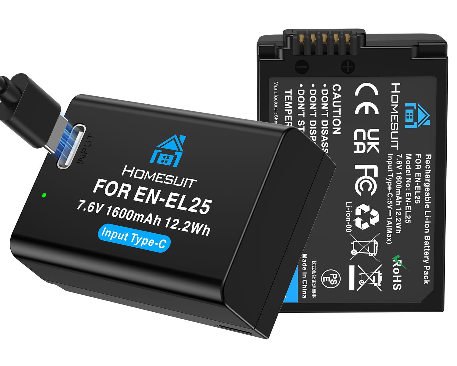 

Запасні порти для прямої зарядки Homesuit з двома повністю декодованими зарядними кабелями 1600 мАг для Nikon та сумісні із зарядним пристроєм Nikon EN-EL25 Type-C