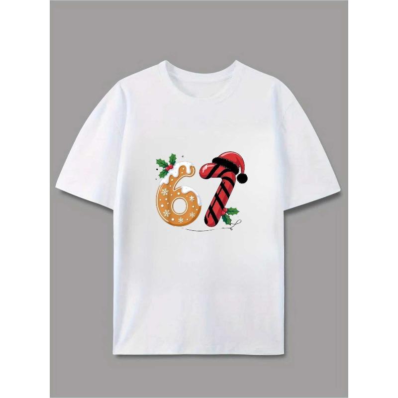 Funny 67 Digital T-Shirt 6-7 Print Casual Short Sleeve Round Neck T-Shirt Suitable for Christmas Daily Wear - Humorous Six Seven Design