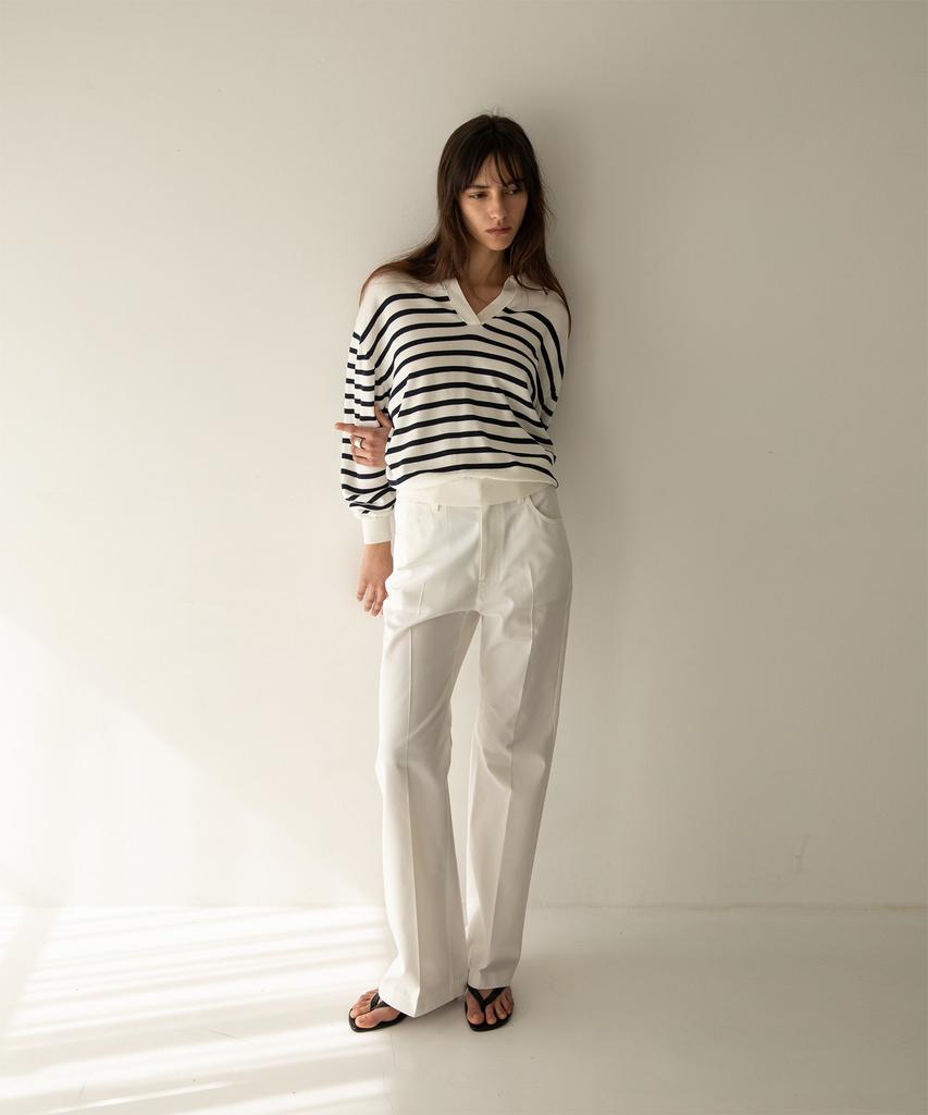 ANOTHER OFFICE WOMEN W. Sailor Silk Open-Collar Knit (White-Navy)