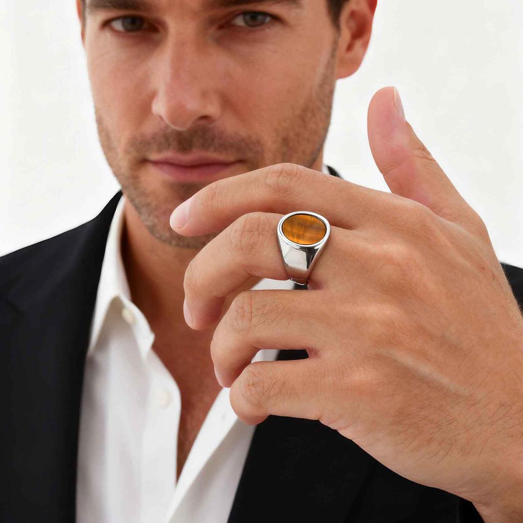 Xiaomi Vnox Oval Natural Stone Ring for Men Boys, Stainless Steel Silver Color Trendy Band, Size 7-12 Gift for Birthday Christmas Day