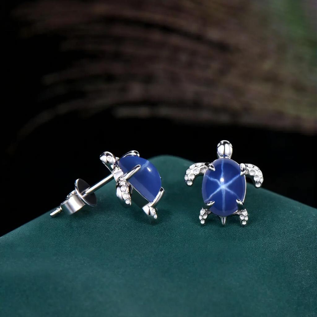 Milgrain Oval Cut Blue Star Sapphire Stud Earrings Vintage Blue Sapphire Halo Turtle Earrings Art Deco September Birthstone Pierced Earrings Women