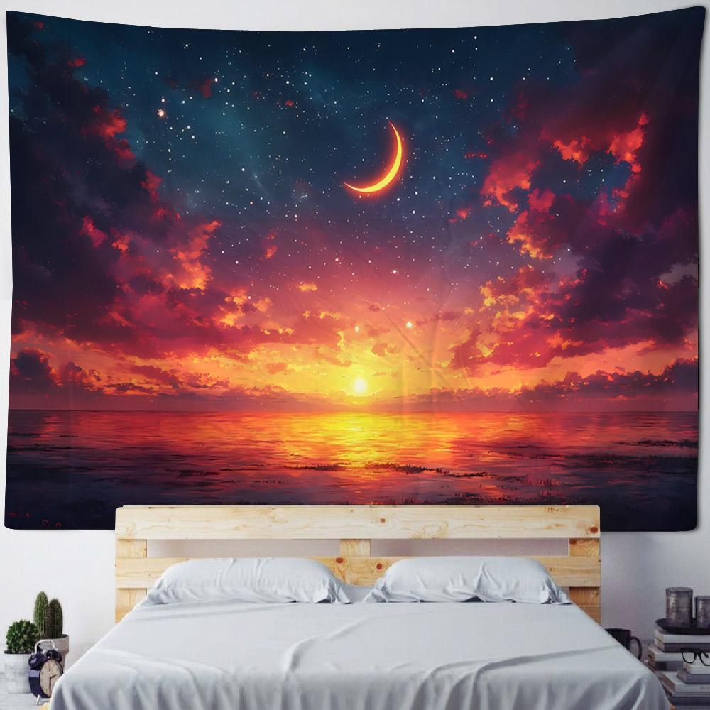 Cielo stellato, luna luminosa, decorazione murale notturna, arazzo, appendiabiti da parete per la casa, cartone animato, hippie, poster di sfondo artistico psichedelico