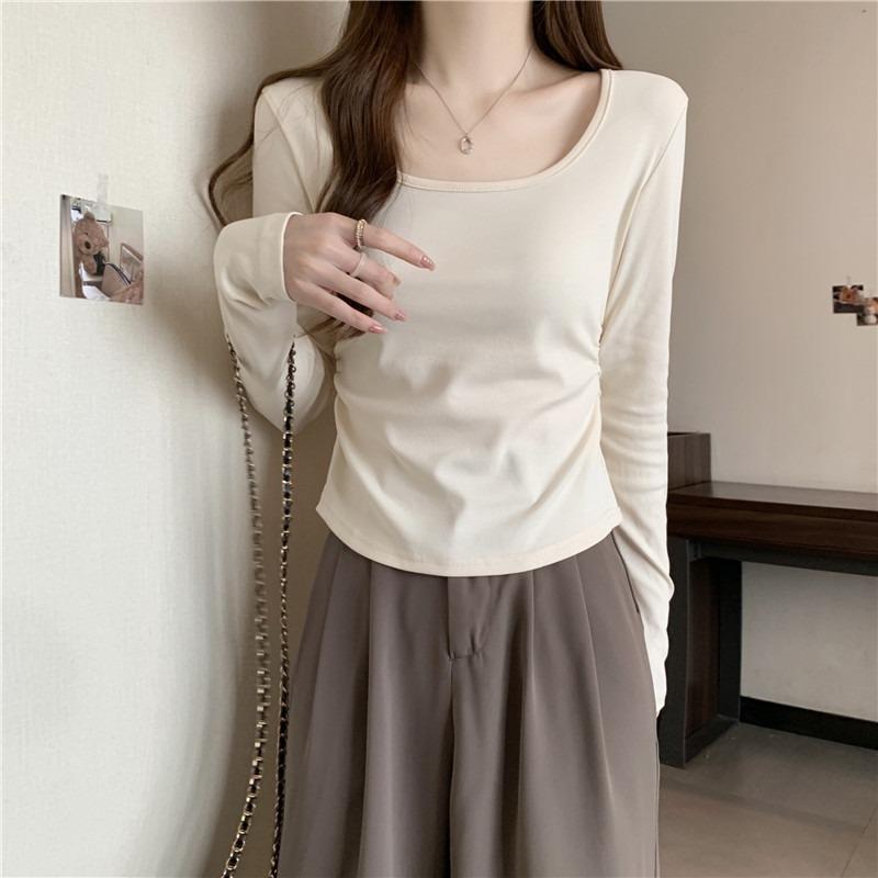 

Однотонная футболка с квадратным вырезом и длинными рукавами для женщин, облегающая и тонкая, короткий хлопковый топ внутри XL абрикосовый