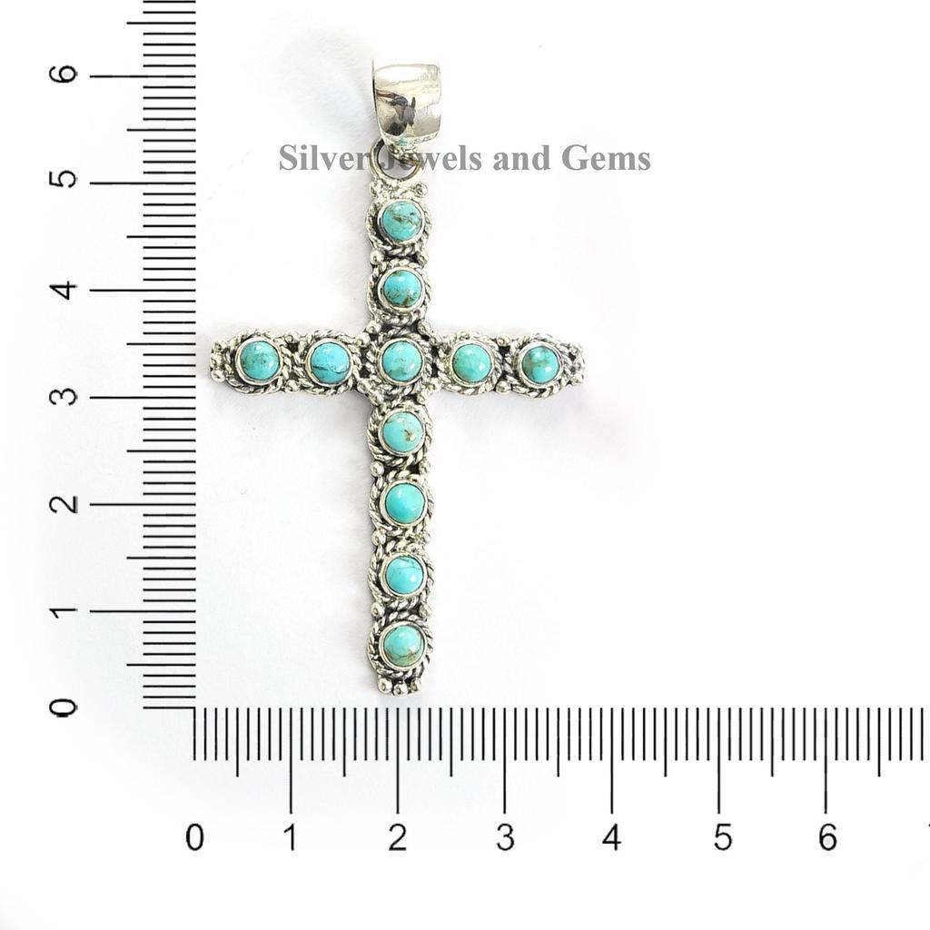 Natural Turquoise Cross Pendant, Anniversary Pendant, Round Multi Stone Pendant, 925 Sterling Silver Pendant, Arizona Turquoise Pendant