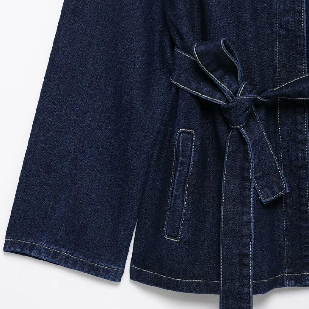 Women Fashion with Belt Denim Blue Single Breasted Jackets Vintage Lapel Neck Long Sleeves Chic Lady Outfits