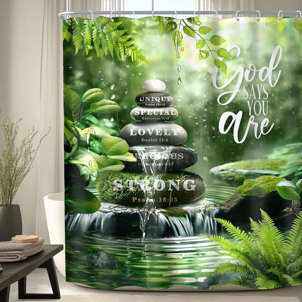 Tenda da Doccia Zen Pietra 60L x 72A Versetto Biblico Foglie Verdi Spa Botanico Goccia di Pioggia Rilassante Tenda da Bagno Citazioni Cristiane
