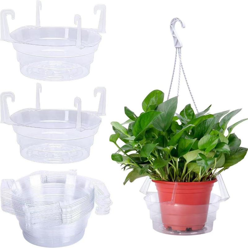5Pcs Clear Round Plastic Hanging Plant Tray With Built-In Hook Drip Base For Indoor & Outdoor Hanging Baskets 8In 10In 12In