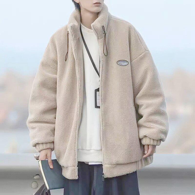 

Men s Winter Cityboy Cotton Jacket with Velvet, Korean Lambskin, Loose Fit, Stand Collar L хакі
