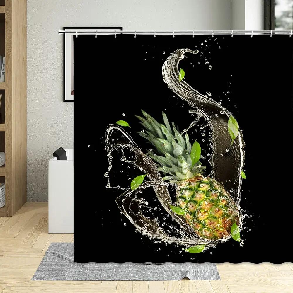 Tropical Summer Fruits Printed Shower Curtain, 3D, Cherry, Orange, Strawberry, Pear, Bathroom Decor, Curtains with Hooks