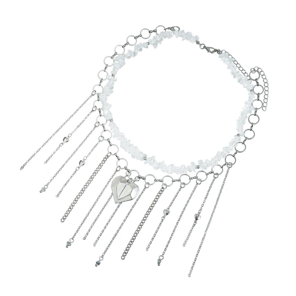 Irregular Natural Stone Heart Pendant Fringe Collarbone Chain Necklace Alloy Lightweight Layering Jewelry For Women