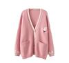 Forest Girl Knit Rabbit and Floral Long Loose Pink L-Stoppastow Women's Cardigan, Spring/Autumn, V-Neck, Embroidery, Sleeves, Fit,