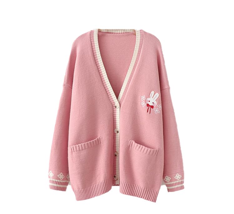 

Кардиган женский Forest Girl Knit Rabbit and Floral Long Loose Pink L-Stoppastow, Весна/Осень, V-образный вырез, Вышивка, Рукава, Посадка, розовый