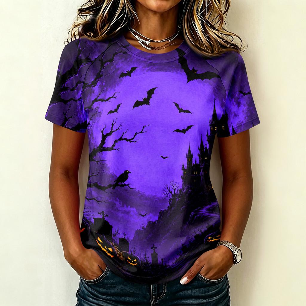 Womens Raglan Sleeve Casual T Shirt Halloween Print Short Sleeve Top Crew Neck Comfortable Fit Lightweight Fabric