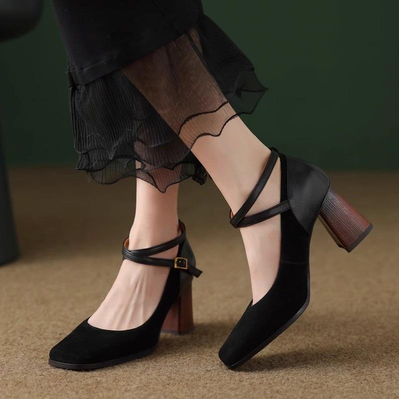 fashion Women's Shoes Shallow Thick High Heels Square Toe Elegant Women's High Heels Retro Party Formal Shoes Luxurious Ankle Straps