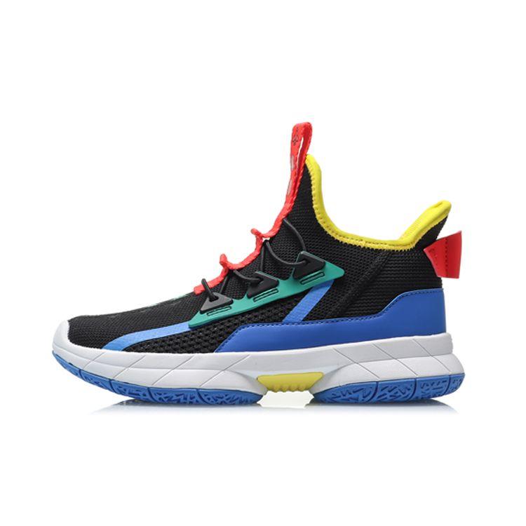 Li-Ning Seamless Breathable Shock Absorbing Non-Slip Wear-Resistant Rebound Mid-Top Basketball Shoes Kids Sneakers Black Blue YKCQ246-1
