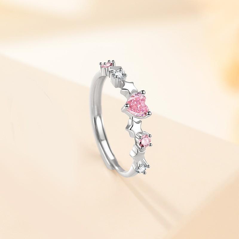 Couple Star Ring Open Band Sweet Niche High Sense Pink Zircon Jewelry
