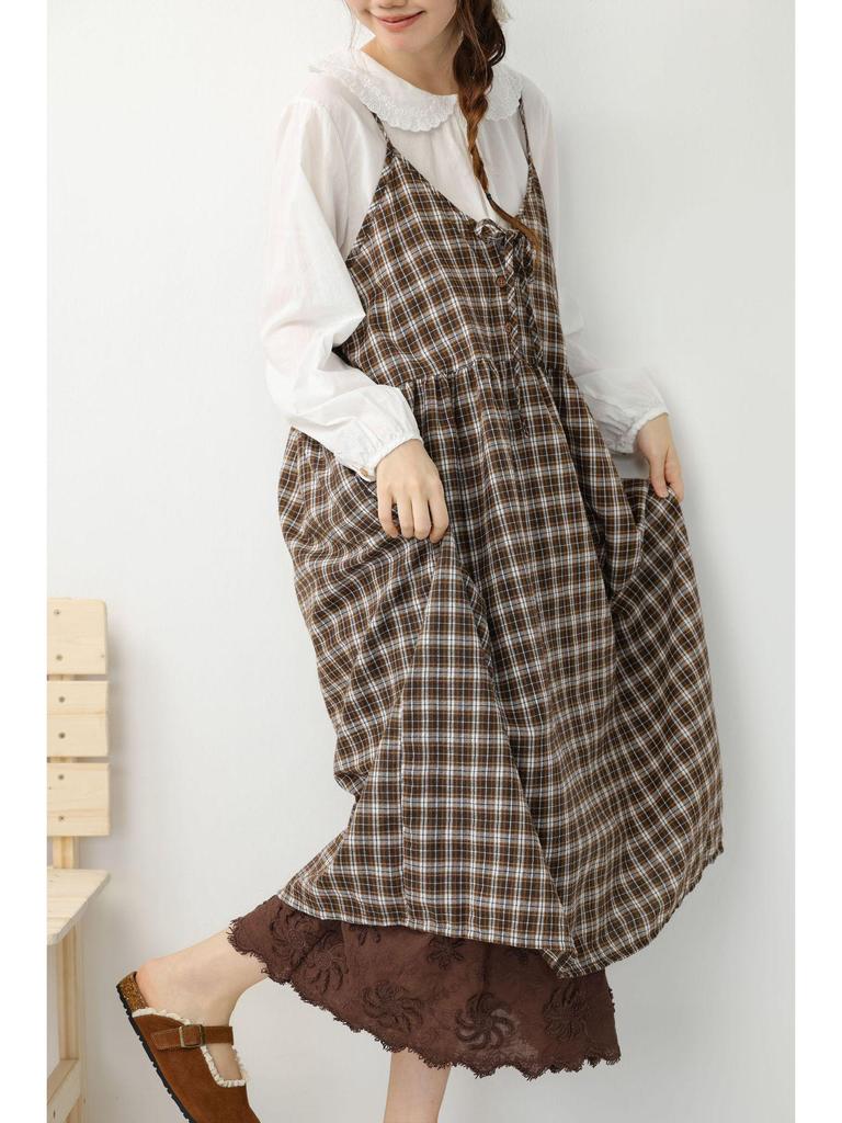 2026 Spring/Summer Mori Girl Lace-up Plaid Maxi Dress - Versatile Layered Camisole Skirt