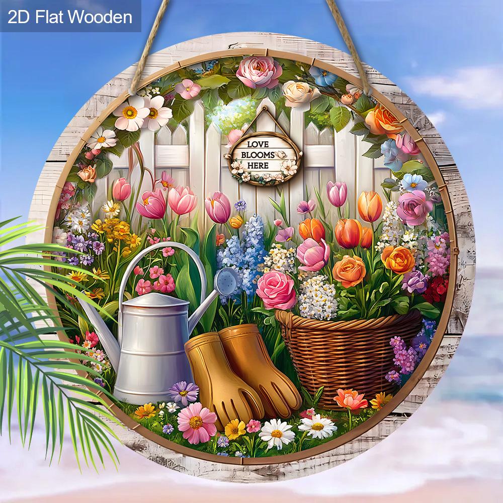 Wooden Sign with Blooming Flowers Pattern - Charming Round Ornament for Front Door, Wall, Yard Hanging Decor - Ideal Gift for Friend