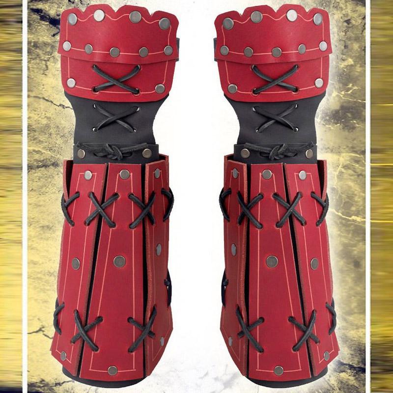 Armure de bras de samouraï médiéval en cuir PU Gant long Viking Chevalier Costume Cosplay Steampunk Fantaisie Gantelet Bracelet de poignet One Size rouge
