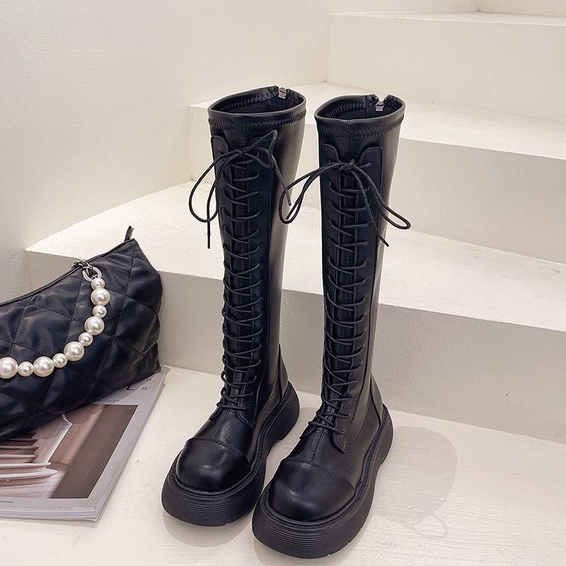 Stövlar Damstövlar Nytt på hösten och vintern Vita Plattformstövlar Fleece Snörning Höga Martin-stövlar