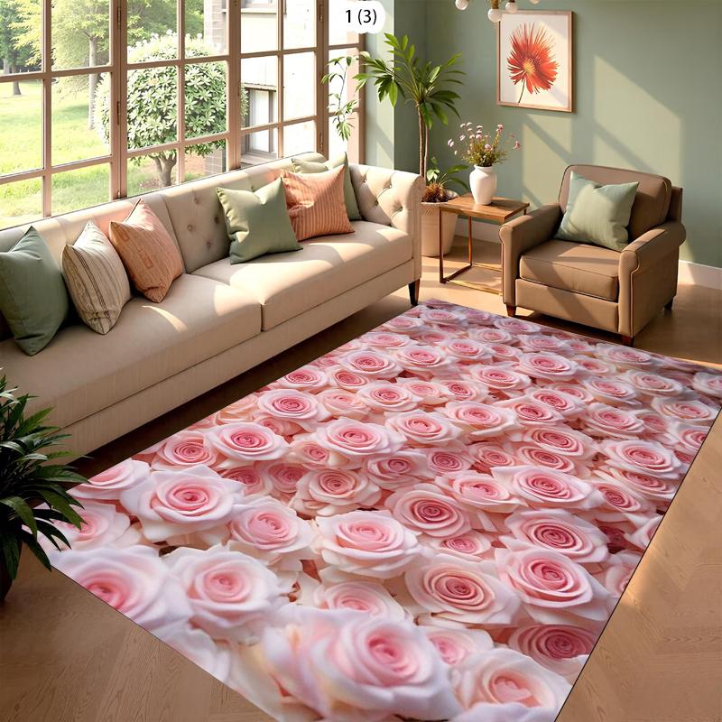 

2D Pink Rose Floral Area Rug for Living Room Romantic Lush Flower Print Decorative Floor Carpet for Bedroom Dining Room 40X60CM