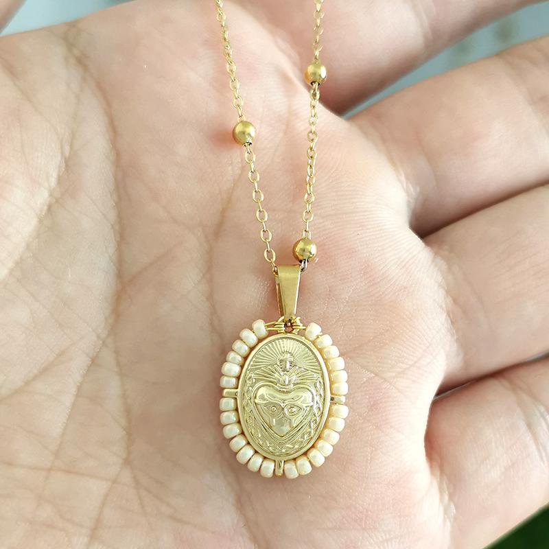 QMHJE Virgin Mary Pendant Charm Necklace Women Cross Scared Heart Jesus Choker Seed Beads Stainless Steel Chain Gold Color Mom