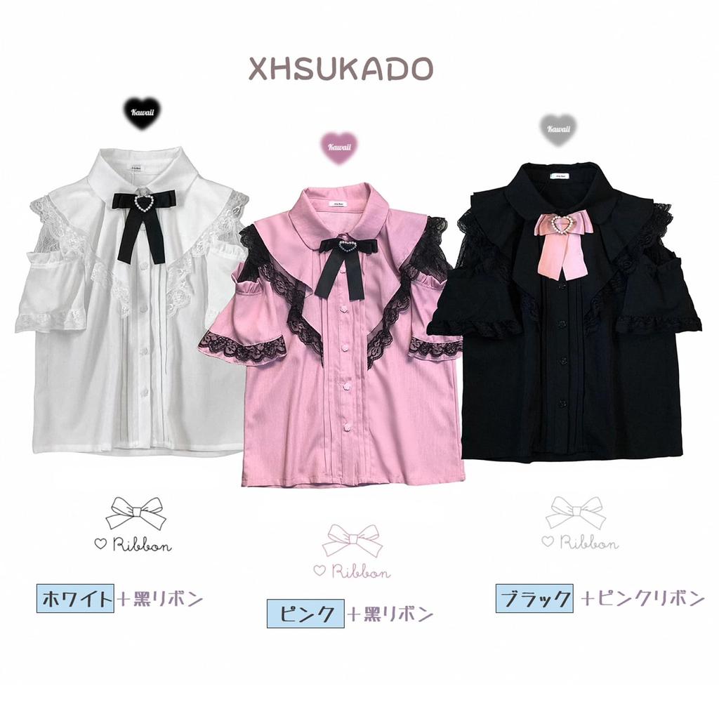 XHSUKADO Lace Short Floral Open White Women's Blouse, Sleeve, Off-the-Shoulder, Print, Ribbon, Ruffles, Shoulder, Bowknot, Feminine, Cute,