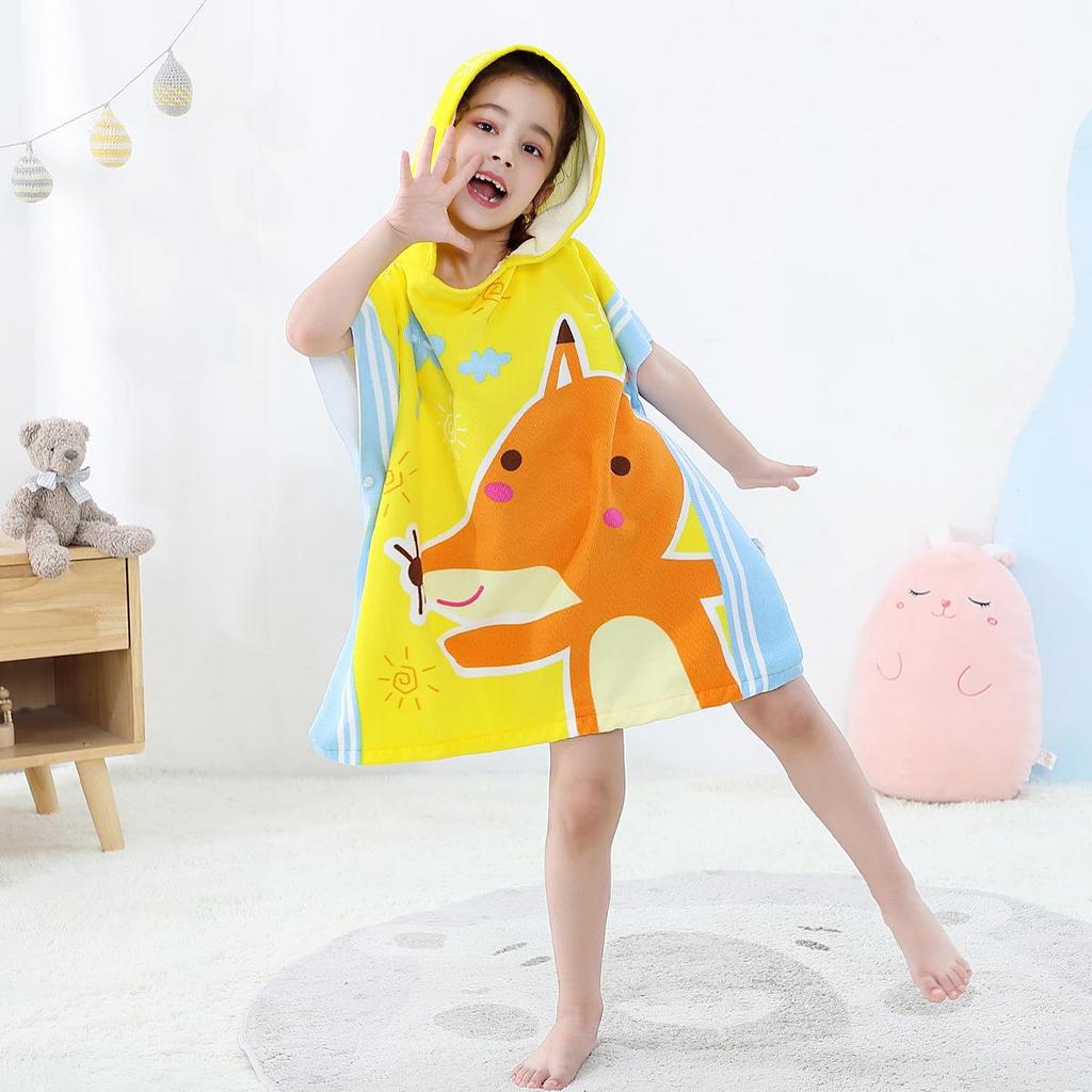 Ultra-Fine Fiber Cartoon Print Kids' Hooded Bath Towel Poncho