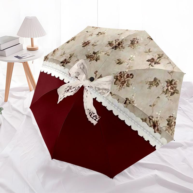 1pc Vintage Floral Lace Trim Bow Umbrella with Plastic Handle,Suitable for All Seasons UmbrellaPT582