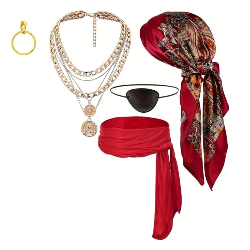 

Complete Pirate Costume Set Headscarf Belt Necklace Bracelet for Halloween Party Cosplay