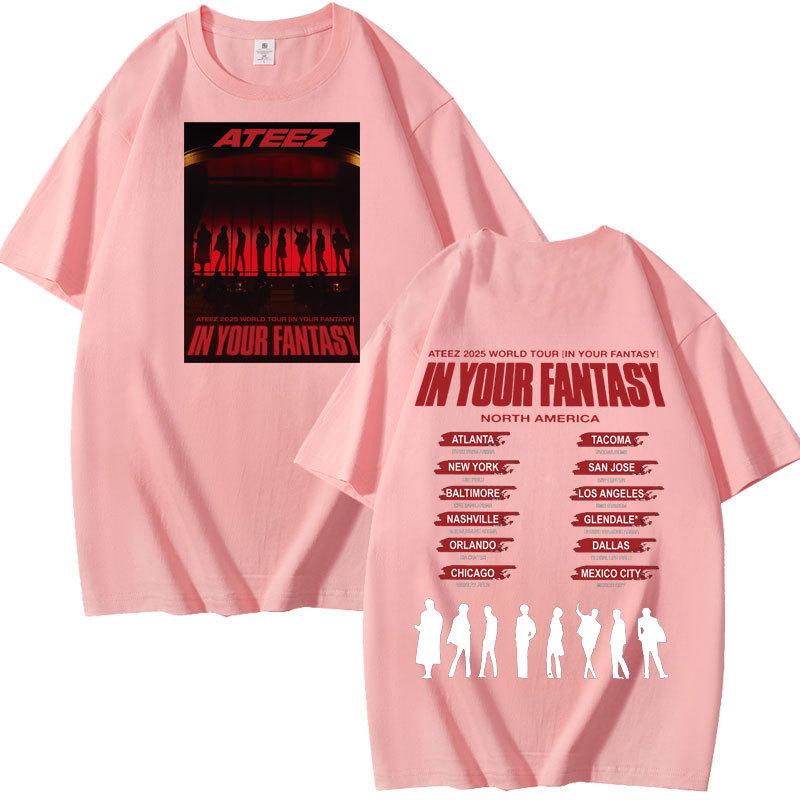 ATEEZ "In Your Fantasy" Stage Silhouette Tour T‑Shirt, Front Members Outline & Back City List with White Silhouettes, Oversized K‑Pop Fan Tee