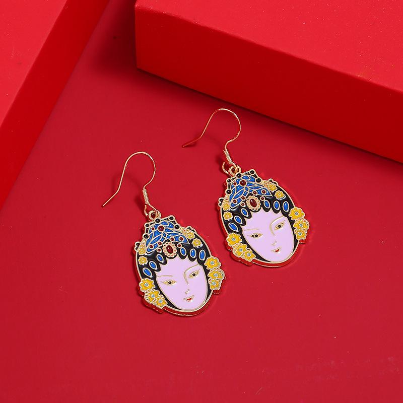 Chinese style knife and horse dan retro Peking Opera face mask earrings femininity long fringed stud earrings red trendy ear jewelry
