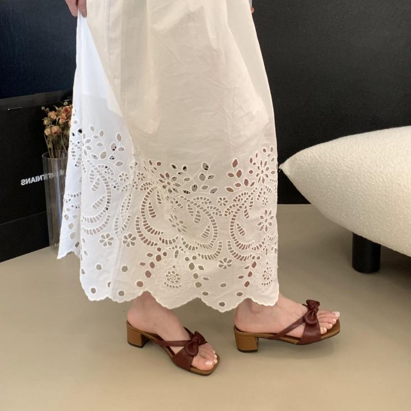 Niche Minimalist Style Retro Bow Thick Heel Slippers Summer