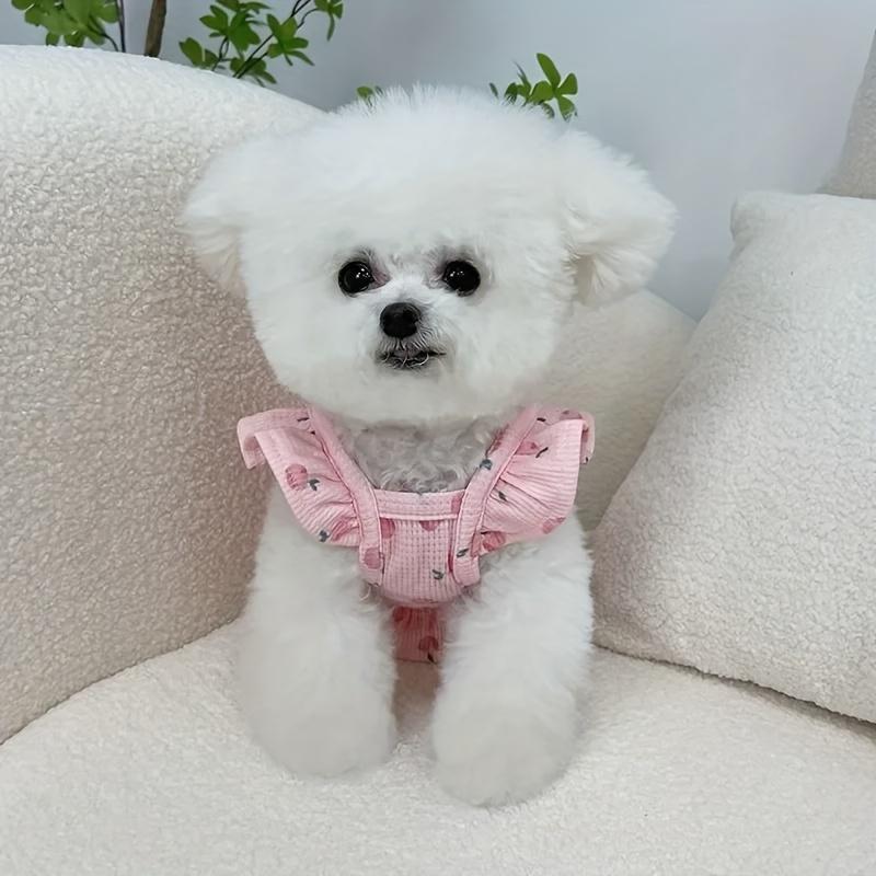 Pet Princess Wedding Dress for Small Dogs - Soft Pink Floral & Heart Design with Flying Sleeves, Lightweight Breathable Spring Summer Pet Outfit