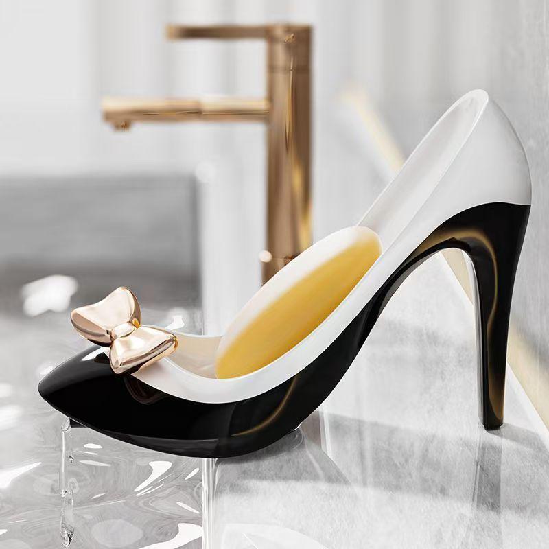 1pc Elegant Black & White High-Heel Soap Holder with Golden Bow - Non-Slip, Lightweight, Multi-Functional Grid Design for Bathroom Decor