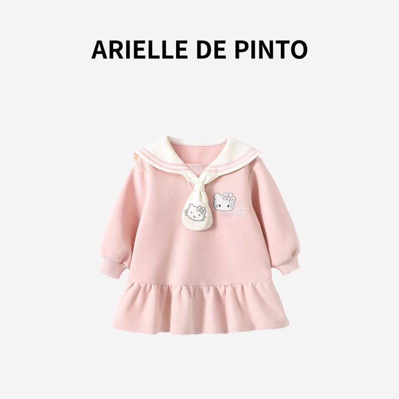 French Arielle De Pinto Girls  Dress Autumn Style College Style Cartoon Embroidered Princess Doll Collar Dress Pink 80