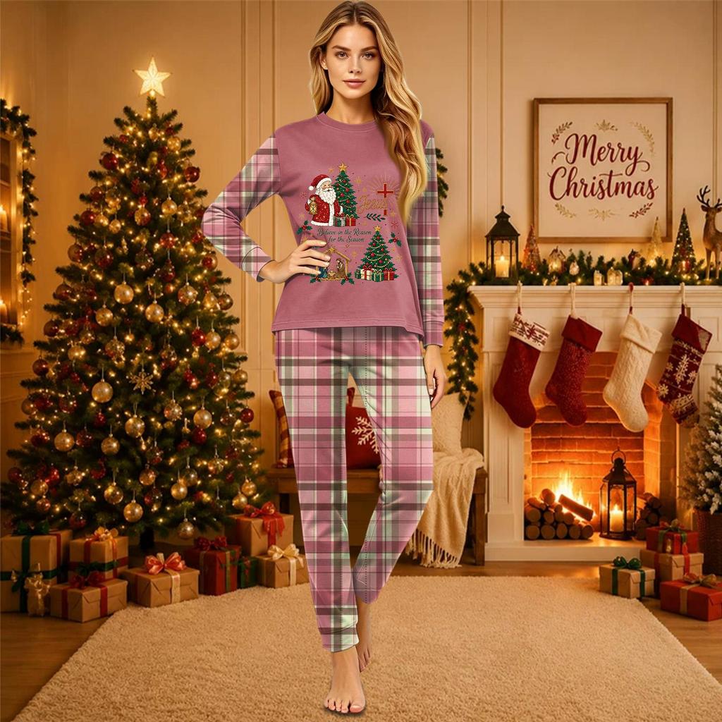Christmas Print Long Sleeve Pants Family Matching Pajama Set Loungewear for Adults and Kids