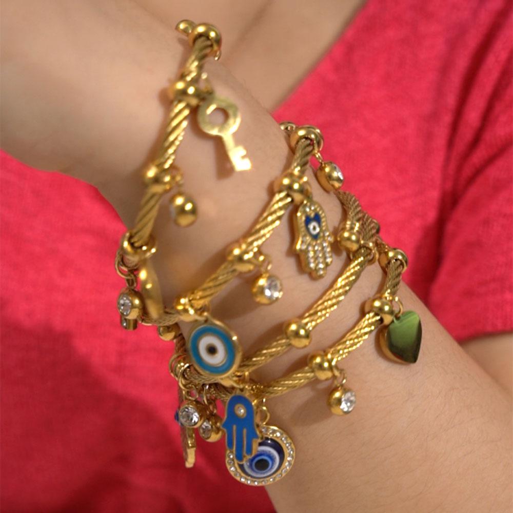 Edelstahl Elastisches Böses Auge Fatima Armband mit Türkischen Islamischen Motiven