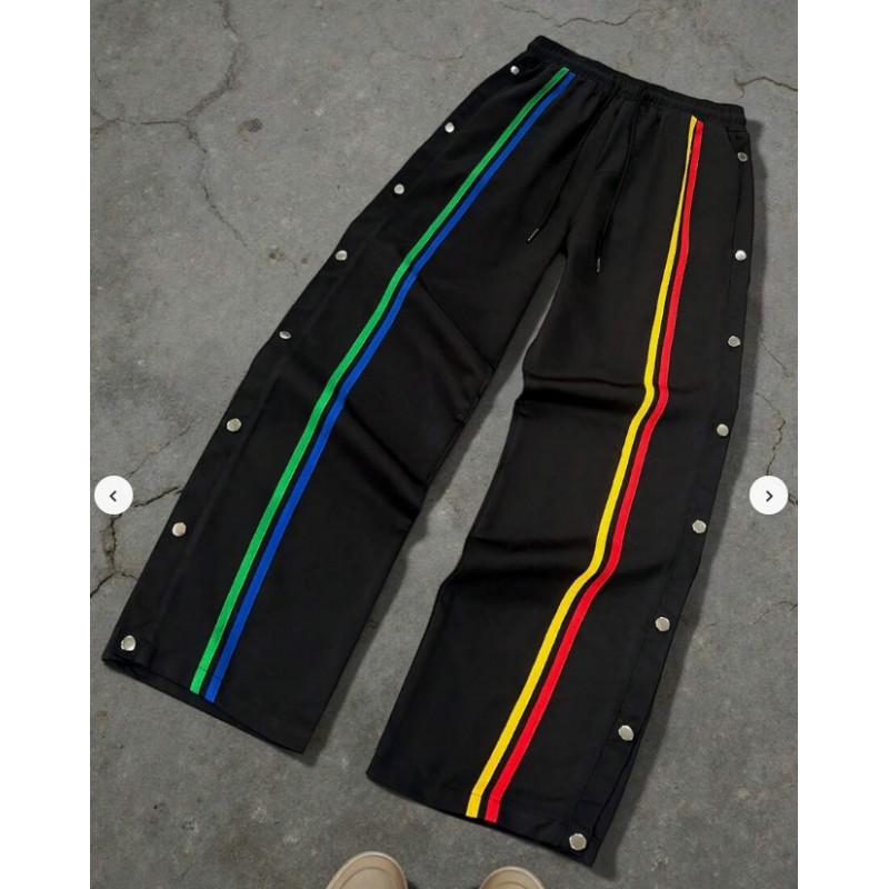 Pantalon de survêtement à rayures rétro avec badge imprimé lettre pour homme - Coupe ample droite - Streetwear - Pantalon décontracté