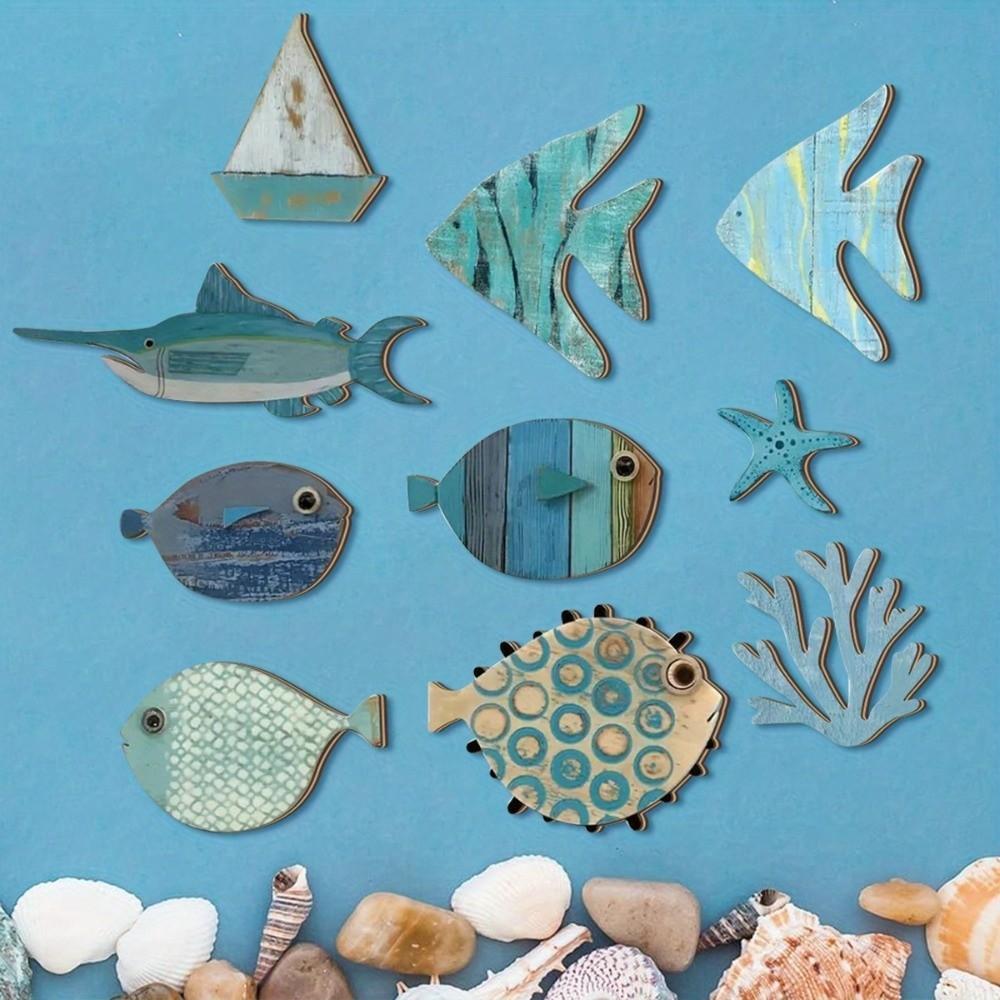 10Pcs Wall Art Wooden Decorations Retro Fish Wall Decor  Bedroom Home Decorations
