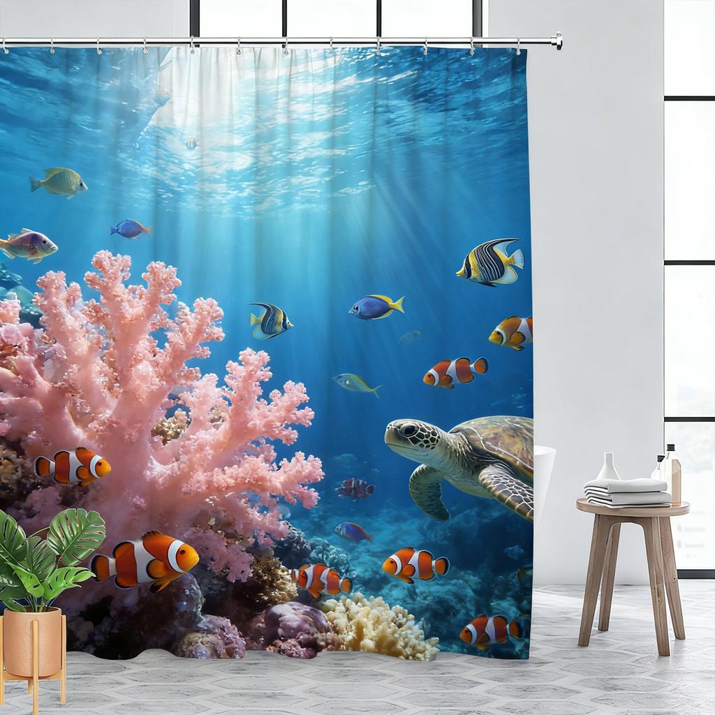 Vibrant Underwater Coral Reef with Sea Turtle & Clownfish Waterproof Shower Curtain for Bathroom Decor