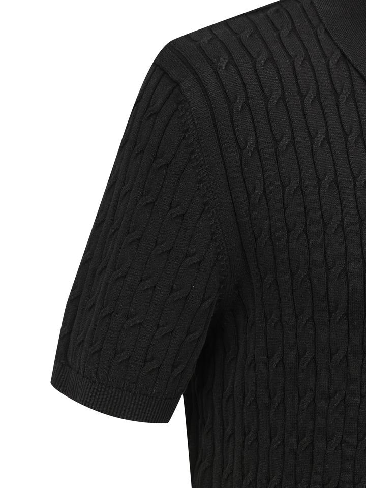 ZIOZIA Men'S) Garment-Washed Cotton Cable Short Sleeve Polo Shirt_Black