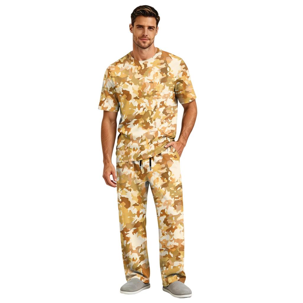 Herren Kurzarm-Schlafanzug-Set mit langer Hose, Schrittknopf und elastischem Kordelzugbund für zu Hause